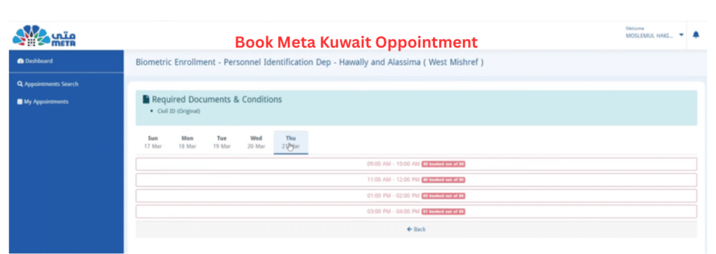 Book Meta Kuwait Oppointment and select the day and time