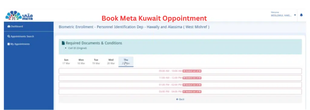 Book Meta Kuwait Oppointment and select the day and time