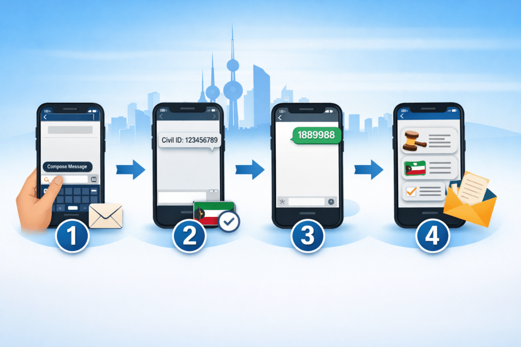 Infographic showing 4-step process to check Civil ID fines via SMS in Kuwait on mobile phones.