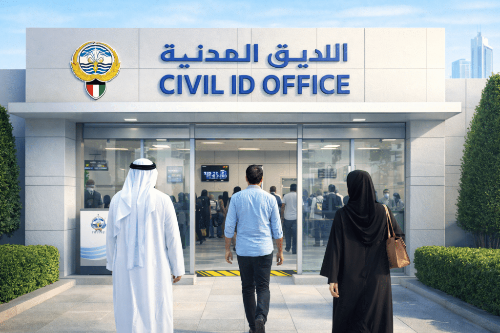 Front view of Civil ID Office in Kuwait with people entering for Civil ID services.