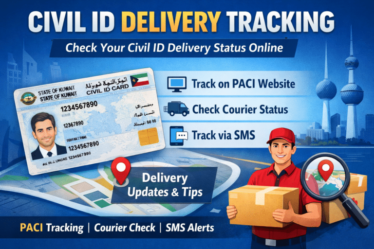 Civil ID delivery tracking in Kuwait showing PACI website tracking, courier status check, SMS tracking option, and Kuwait Civil ID card with delivery person illustration.