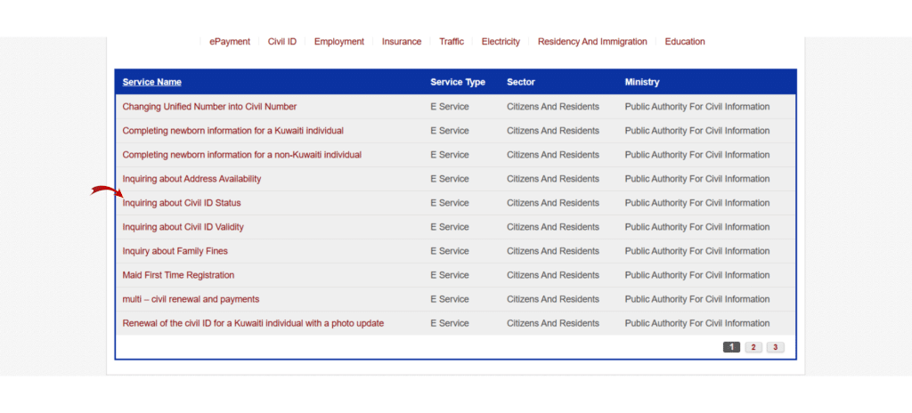 Click on the option of Civil ID status or card inquiry