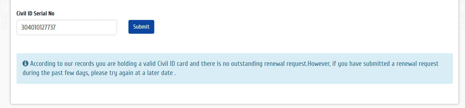 Check the result of your validity check of civil ID