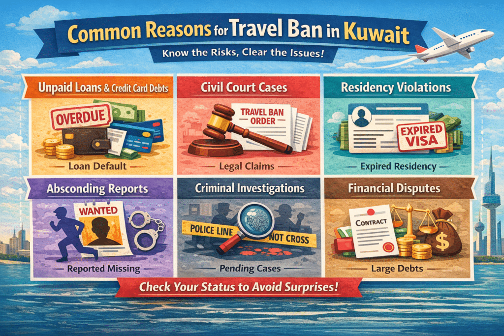 Infographic showing common reasons for travel ban in Kuwait, including unpaid loans, civil court cases, residency violations, absconding reports, criminal investigations, and financial disputes.