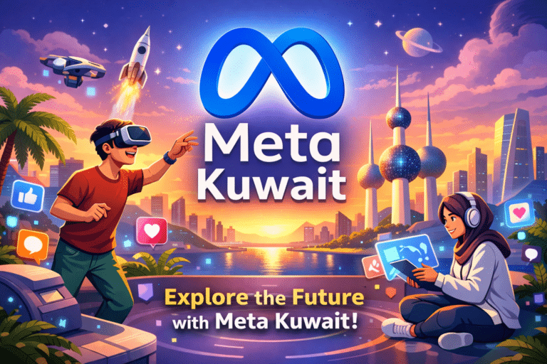 Feature image for Meta Kuwait showing an animated man with VR headset and a woman using a tablet, with Kuwait skyline, futuristic elements, and social media icons.