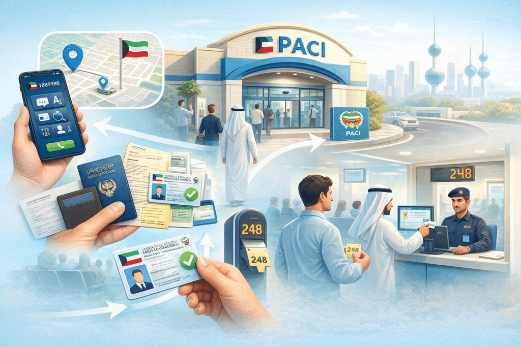 Infographic of checking Kuwait Civil ID status in person at a PACI center with documents, queue token, and card collection.