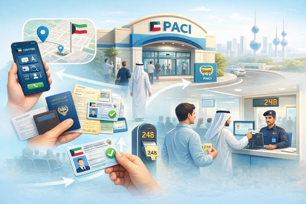 Infographic of checking Kuwait Civil ID status in person at a PACI center with documents, queue token, and card collection.