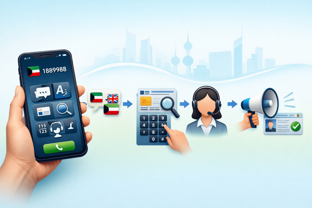 Infographic of checking Kuwait Civil ID status by calling PACI hotline and entering Civil ID number.