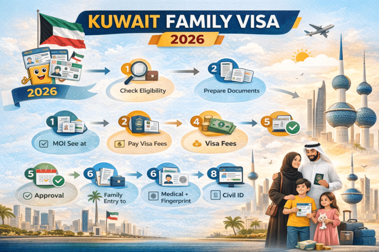Simple infographic icons showing Kuwait family visa requirements: salary, residency, documents, family, and housing.