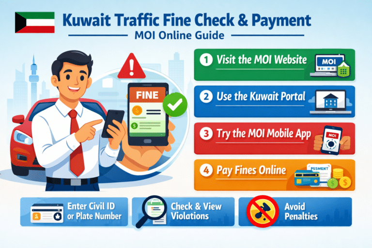Infographic showing Kuwait traffic fine check and payment steps with an animated person using a mobile phone, including MOI website, Kuwait portal, MOI app, and online payment.