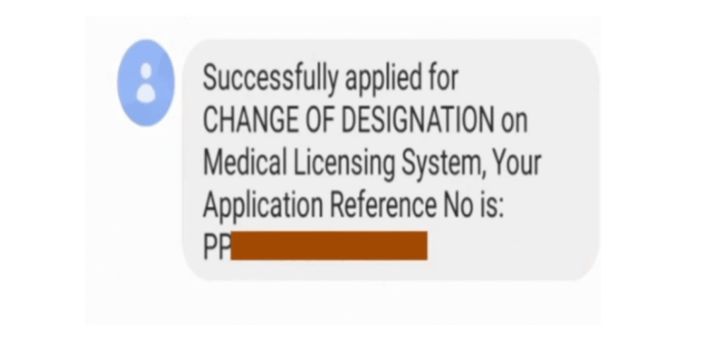 Confirmation message for change of designation in Medical Licensing System Kuwait
