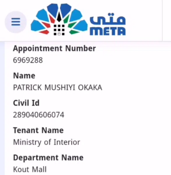 Recipt of Kuwait oppointment for meta kuwait
