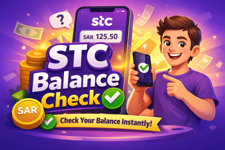 STC balance check illustration showing an animated person checking STC mobile balance on smartphone