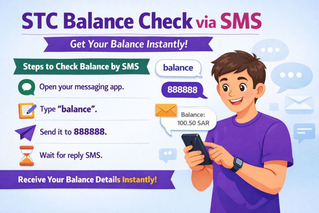 STC balance check via SMS showing steps to type “balance” and send to 888888 with instant reply on mobile phone