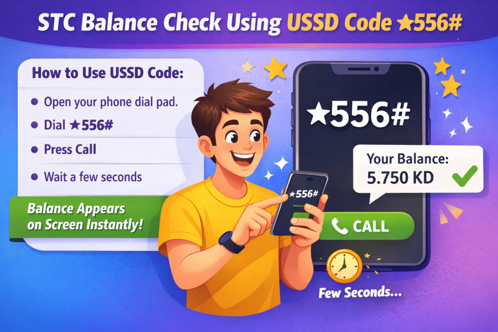 Animated person checking STC balance using USSD code ★556# on smartphone, showing balance on screen instantly, step-by-step guide
