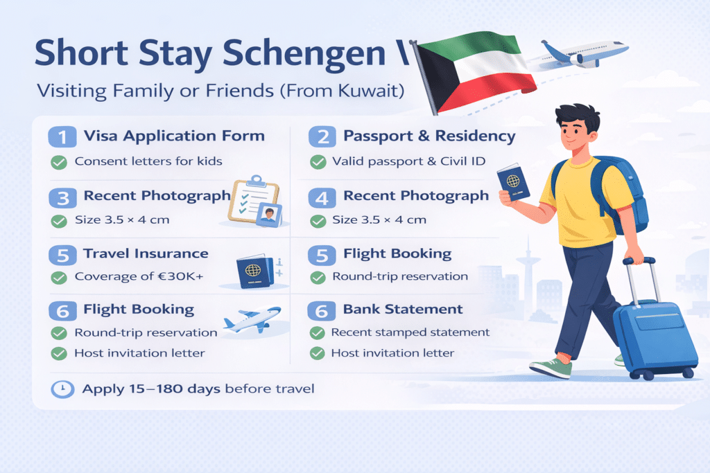 Short Stay Schengen Visa from Kuwait checklist with animated traveler illustration