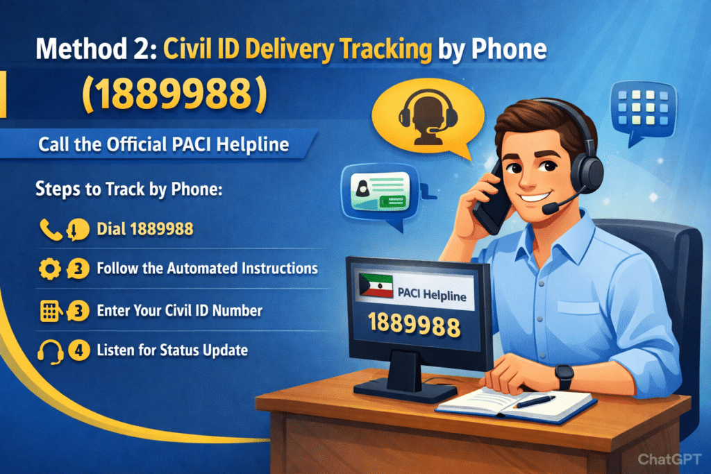 Civil ID delivery tracking by phone 1889988 PACI helpline step by step guide with animated customer support agent