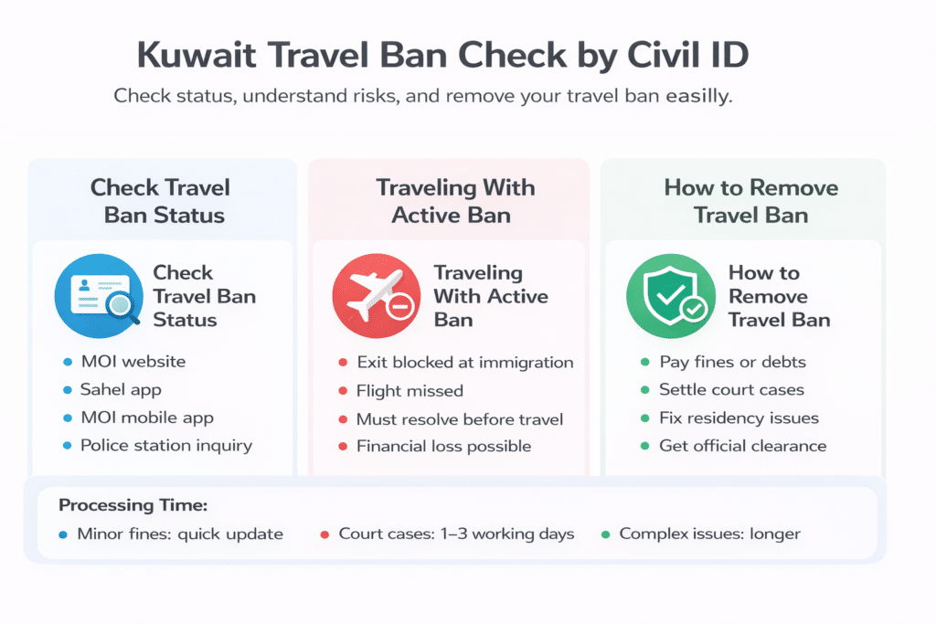 Kuwait travel ban check by Civil ID using MOI website Sahel app removal steps infographic