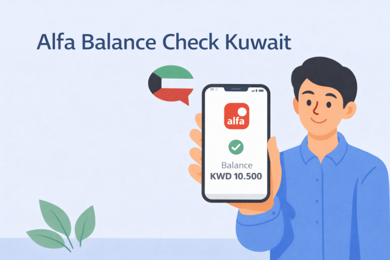 Alfa balance check Kuwait using mobile app showing prepaid balance KWD on smartphone screen