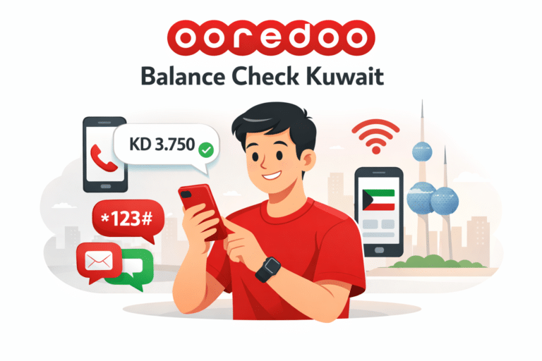 Ooredoo balance check Kuwait using mobile USSD code and app showing prepaid balance KD on smartphone