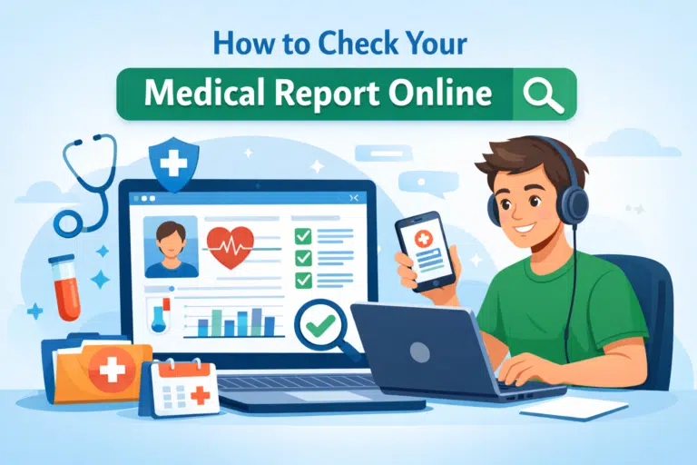 Animated illustration of a person checking a medical report online on a laptop and smartphone with healthcare icons and digital medical dashboard.