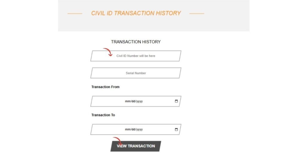 Alfa balance check Kuwait civil ID transaction history form with date filters