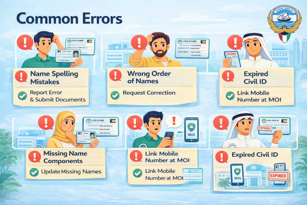Common Kuwait Civil ID errors illustration showing name spelling mistakes, wrong order, missing names, mobile number issue, and expired ID.