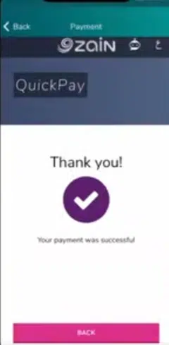 Zain Quick Pay payment successful confirmation screen mobile recharge Kuwait