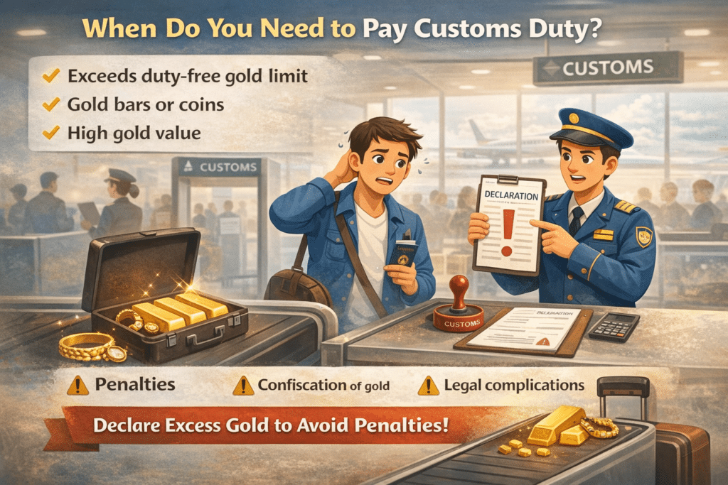 Traveler at airport customs being informed about paying duty on excess gold, with animated customs officer, gold bars, coins, and jewelry on the counter.