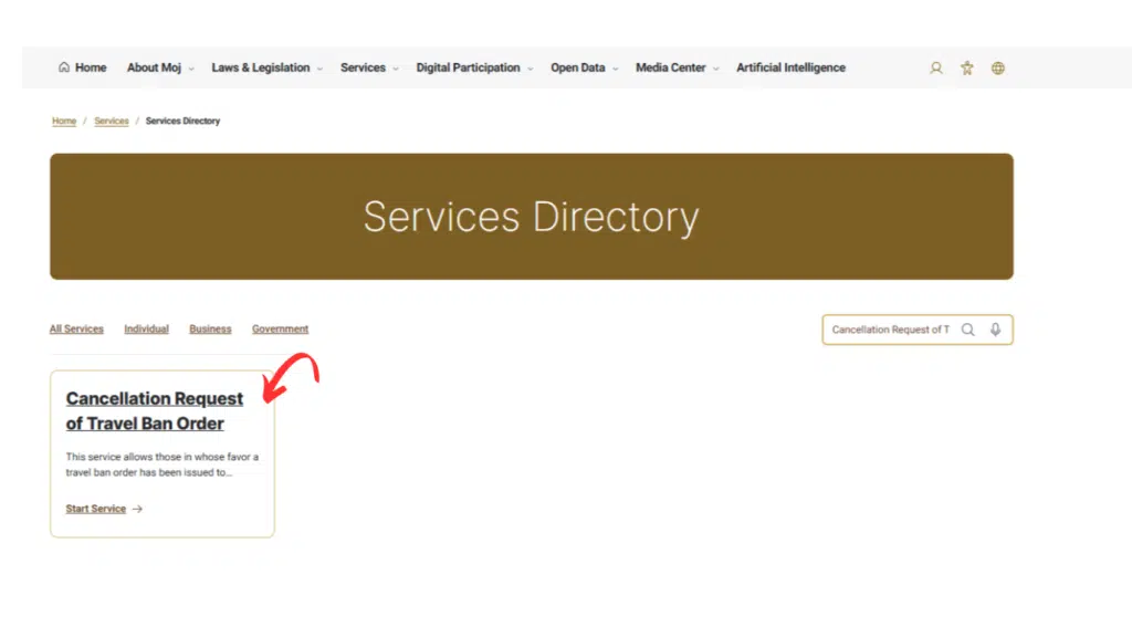 Cancellation Request of Travel Ban Order in the Ministry of Justice Services Directory for canceling a travel ban.