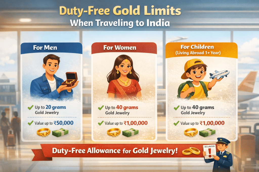 An Infographics on Gold allowance limits when traveling to India