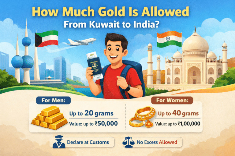 Gold allowance from Kuwait to India infographic showing 20g limit for men and 40g limit for women with an animated traveler and gold bars.