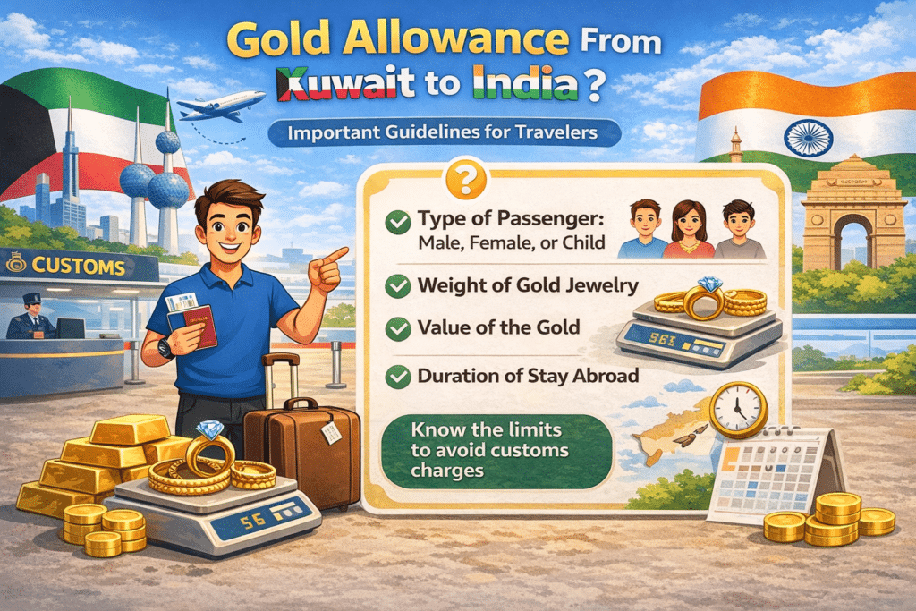 Gold allowance from Kuwait to India infographic showing customs rules for travelers carrying gold jewelry.