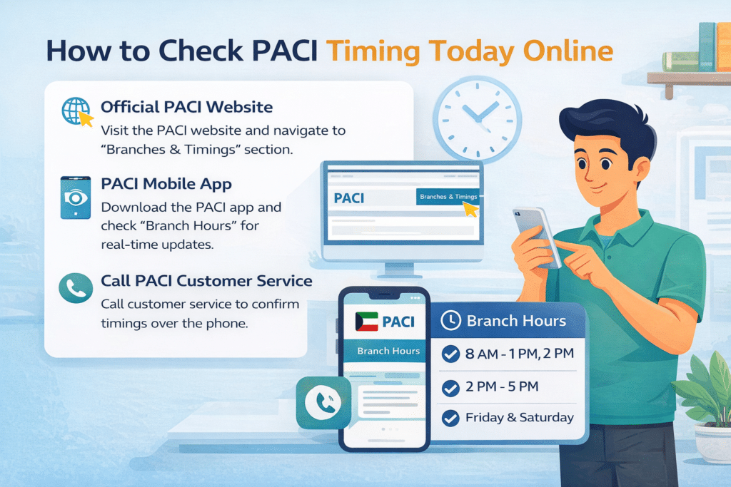 How to check PACI timing today online using website, mobile app, and customer service with animated person using smartphone.