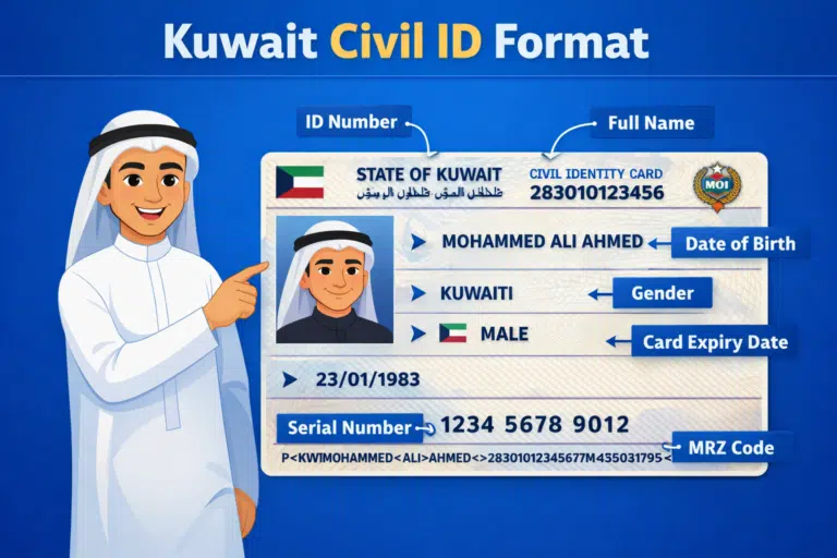 Kuwait Civil ID format illustration showing ID number, full name, date of birth, gender, and expiry date on sample Civil ID card.