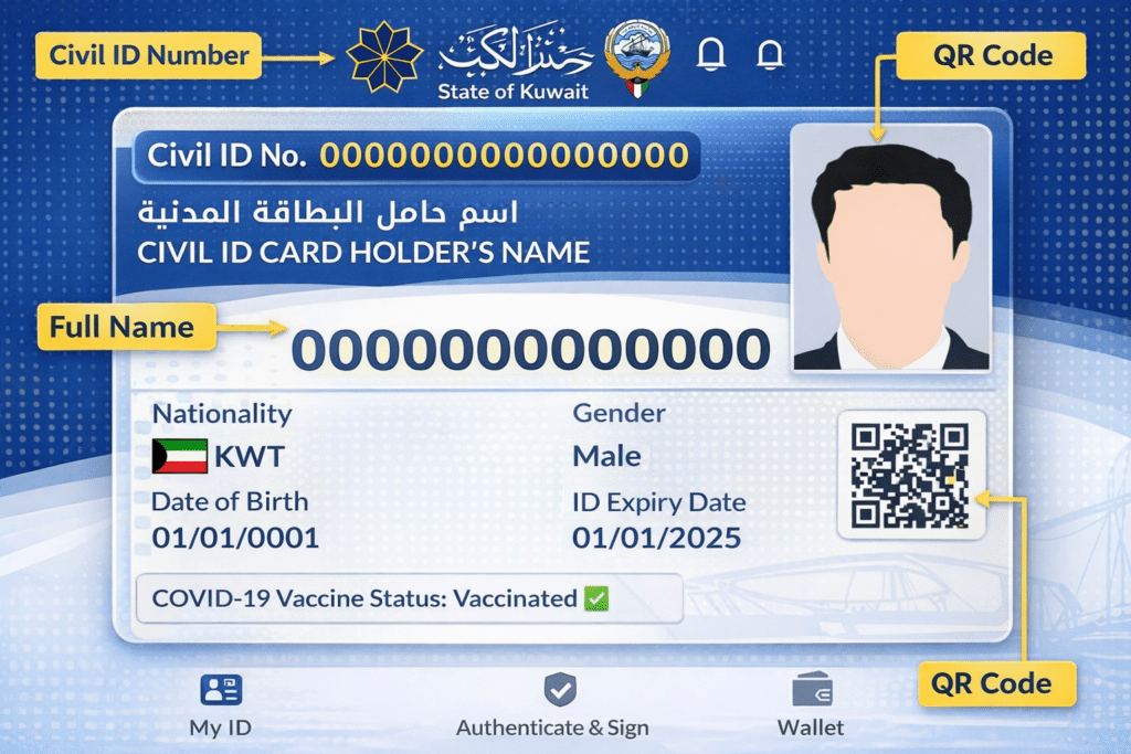 Kuwait Civil ID details highlighted showing Civil ID number, full name, nationality, gender, date of birth, expiry date, and QR code.