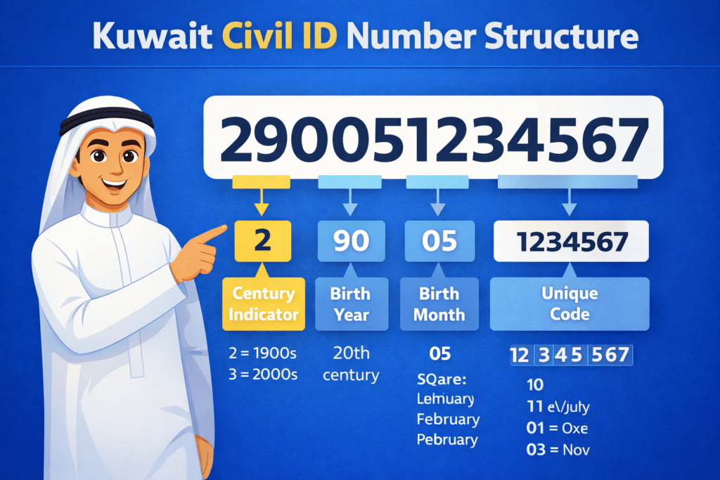 Kuwait Civil ID number structure explained with 12-digit breakdown showing century, birth year, month, day, and unique identification code.