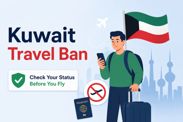 Kuwait travel ban check illustration with traveler checking status before flying