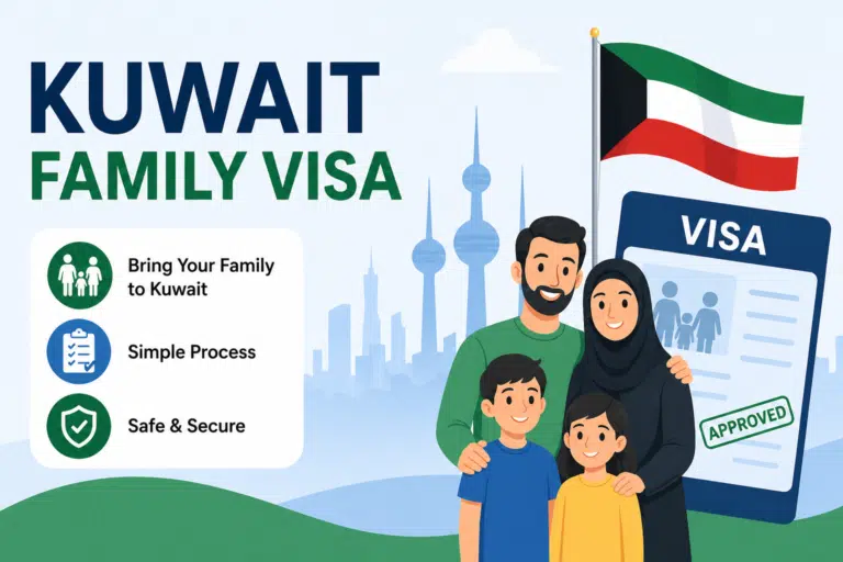Kuwait family visa guide image showing expat family with Kuwait skyline and visa sponsorship details