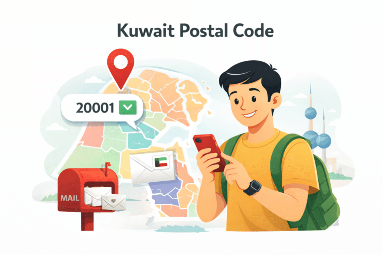 Kuwait postal code lookup map with mobile search showing area zip code and delivery location pin