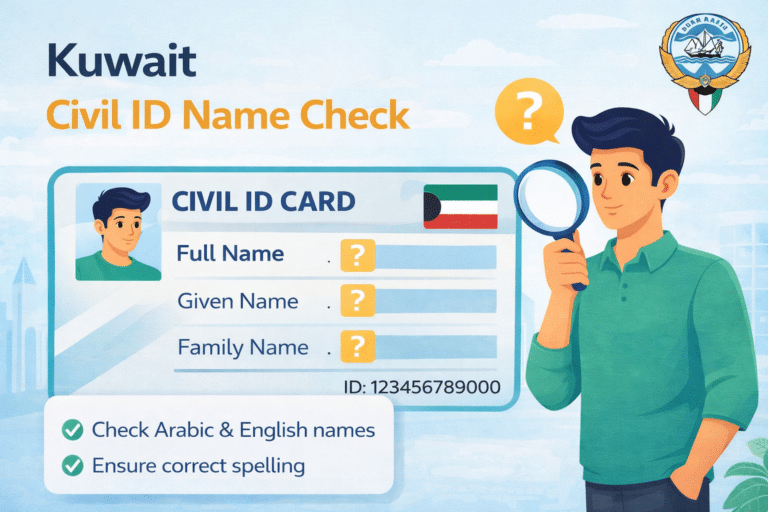 Kuwait Civil ID name check illustration showing ID card details and person verifying name accuracy with magnifying glass.
