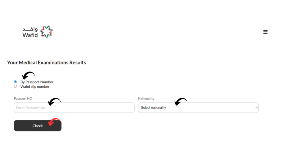 Wafid medical examination results check page using passport number and nationality