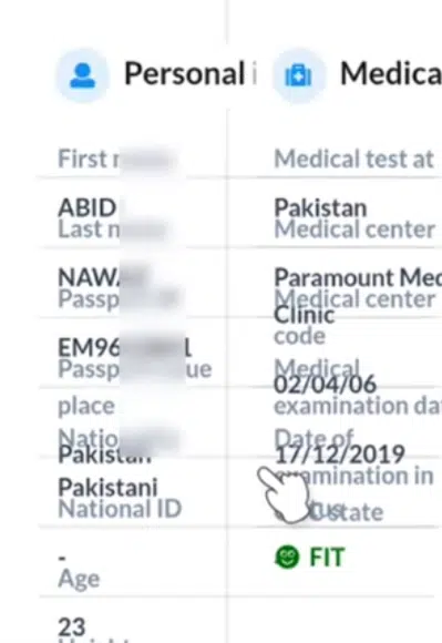 Wafid medical report table showing applicant details and examination date