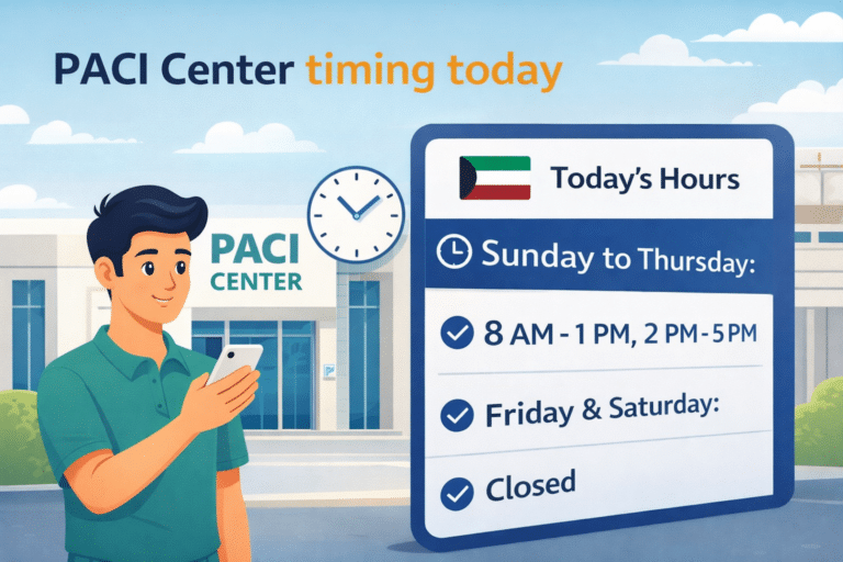 PACI Center timing today in Kuwait showing working hours Sunday to Thursday and closed on weekends with animated person checking schedule.