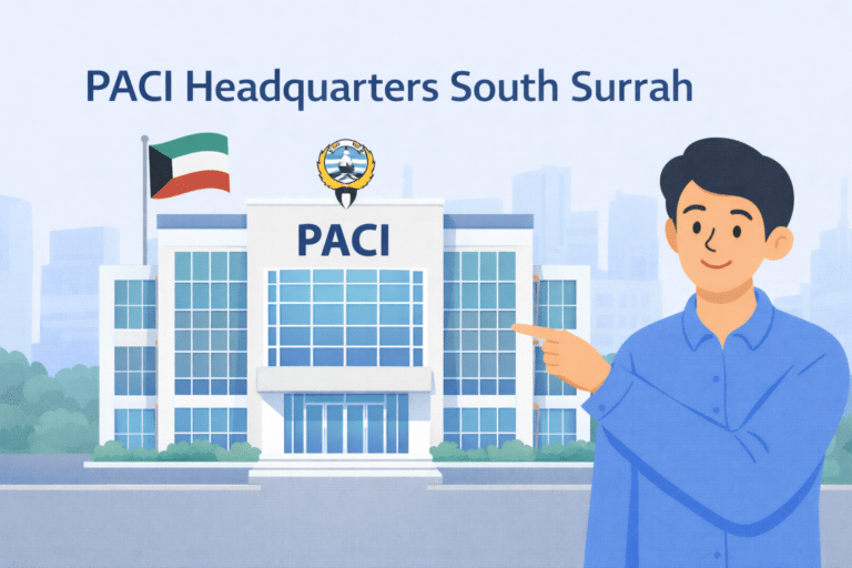 PACI Headquarters South Surrah Kuwait building with animated person pointing to Public Authority for Civil Information office
