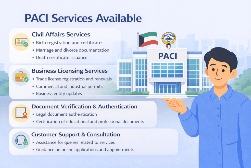 PACI services available Kuwait civil affairs business licensing document verification and customer support services