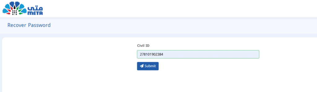 META Kuwait recover password page requesting Civil ID to reset account password.