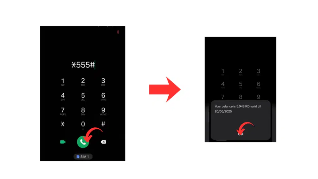 Ooredoo balance check Kuwait using *555# showing remaining balance