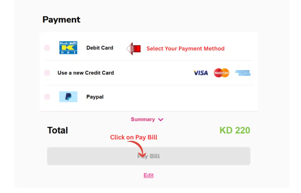 Zain Quick Pay payment method selection debit card credit card PayPal Kuwait bill payment