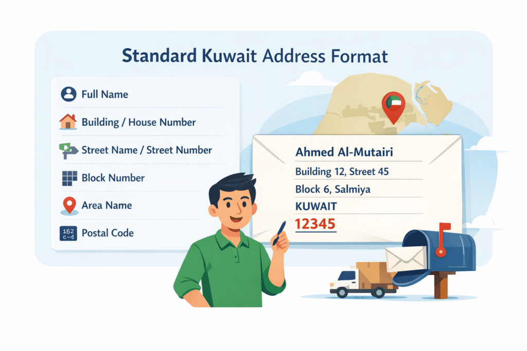 Standard Kuwait address format example with name building number street block area and postal code illustration